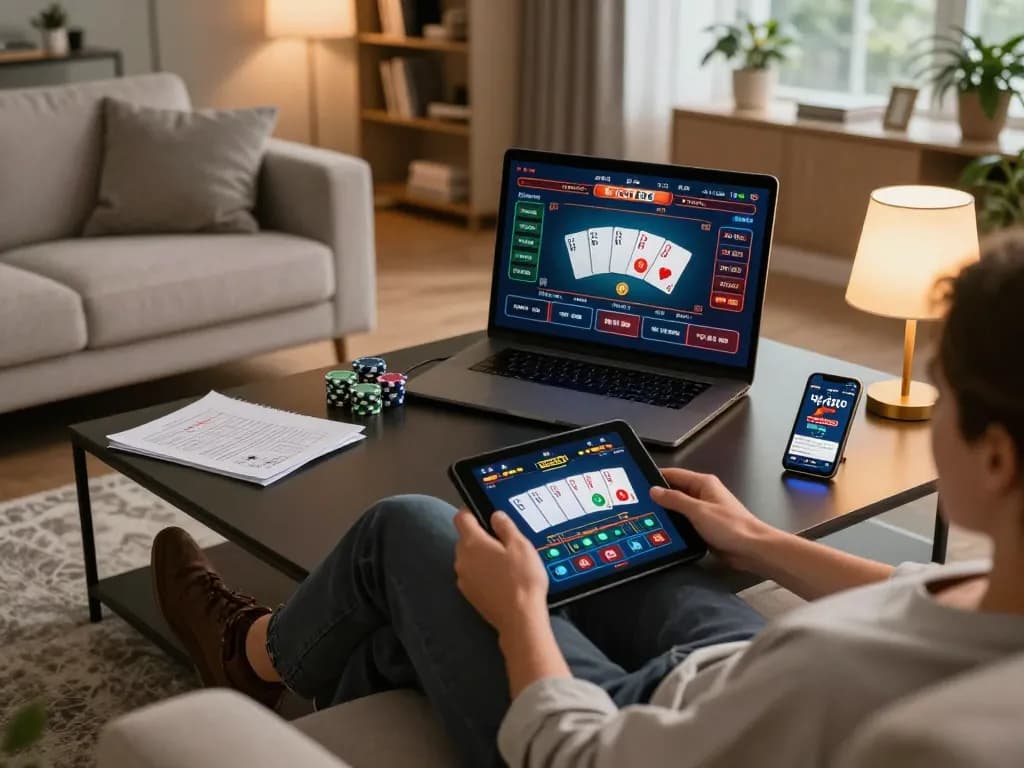 Nego77 poker game on tablet showcasing vibrant betting interface in a stylish home setting.