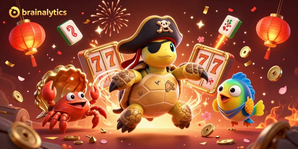 Play with brainalytics casino themes featuring a pirate turtle and treasures amidst golden gambling delights.