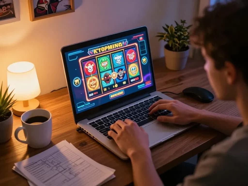 Engaging in WIN4U online gaming with vibrant slot machine gameplay at home.