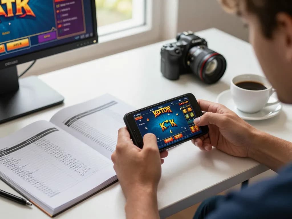 Engaged player analyzing kdtoto gameplay on smartphone, strategic betting setup with notebook and coffee