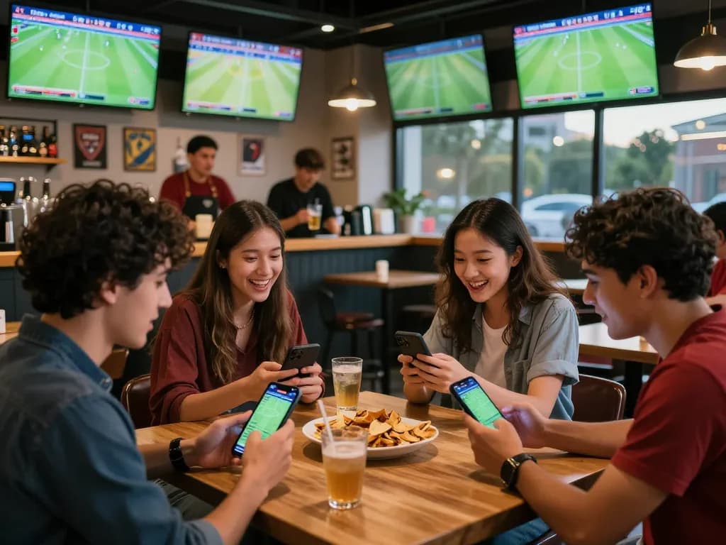 Friends discussing tỷ lệ kèo bóng đá in a lively sports bar.