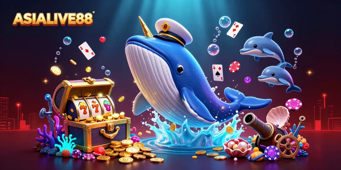 Join the fun at ASIALIVE88 with a vibrant 3D illustration of a whale and playful dolphins amidst casino icons.