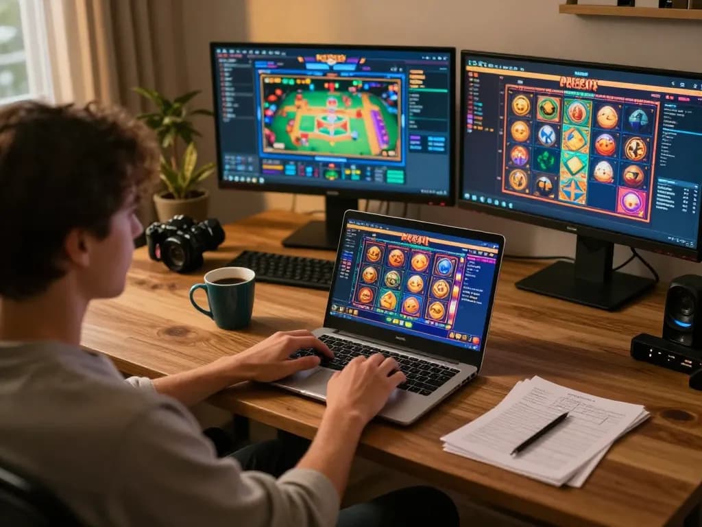 Spinning slots on a laptop indicates exciting online gaming atmosphere.