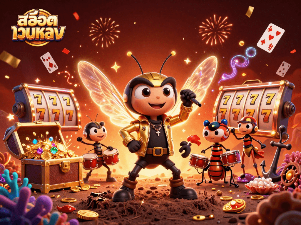 Engage with สล็อตเว็บตรง in a vibrant casino-themed illustration showcasing dynamic game elements.