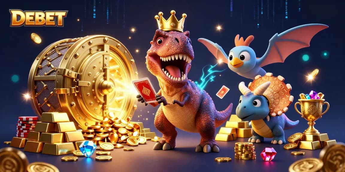 DEBET features a playful T-Rex and friends shuffling cards in a vibrant casino setting.