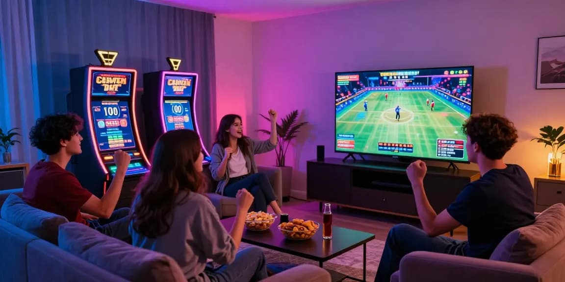 Friends enjoying new online casinos together in a vibrant gaming scene.