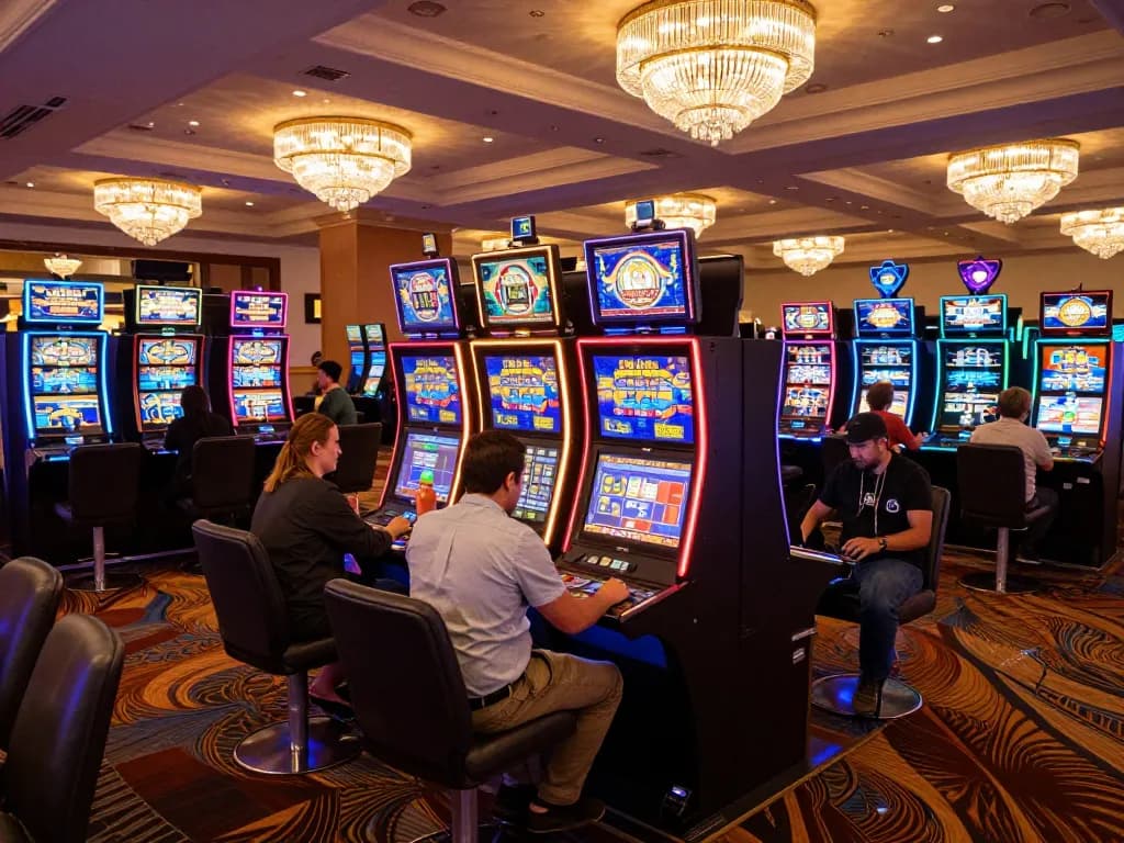 Engaged players enjoying their time at kdslot77's exciting slot machines in a lively casino setting.