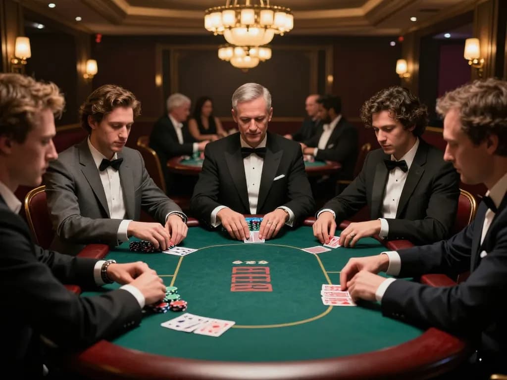 Players engaged in a strategic poker game at a tg88 casino table, showcasing chips and cards, luxury atmosphere.
