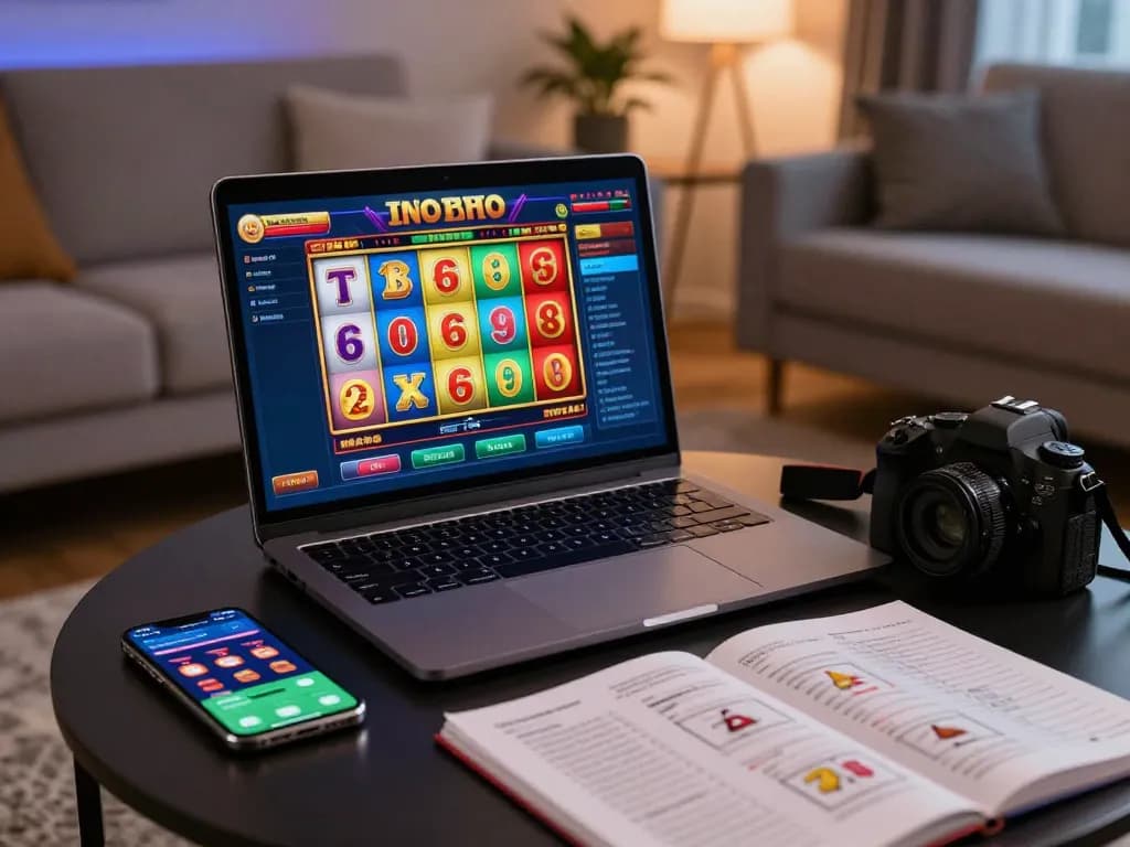 Pemain yang terlibat memutar gulungan toto slot di laptop dalam suasana rumah yang nyaman, mendorong permainan online yang bertanggung jawab.