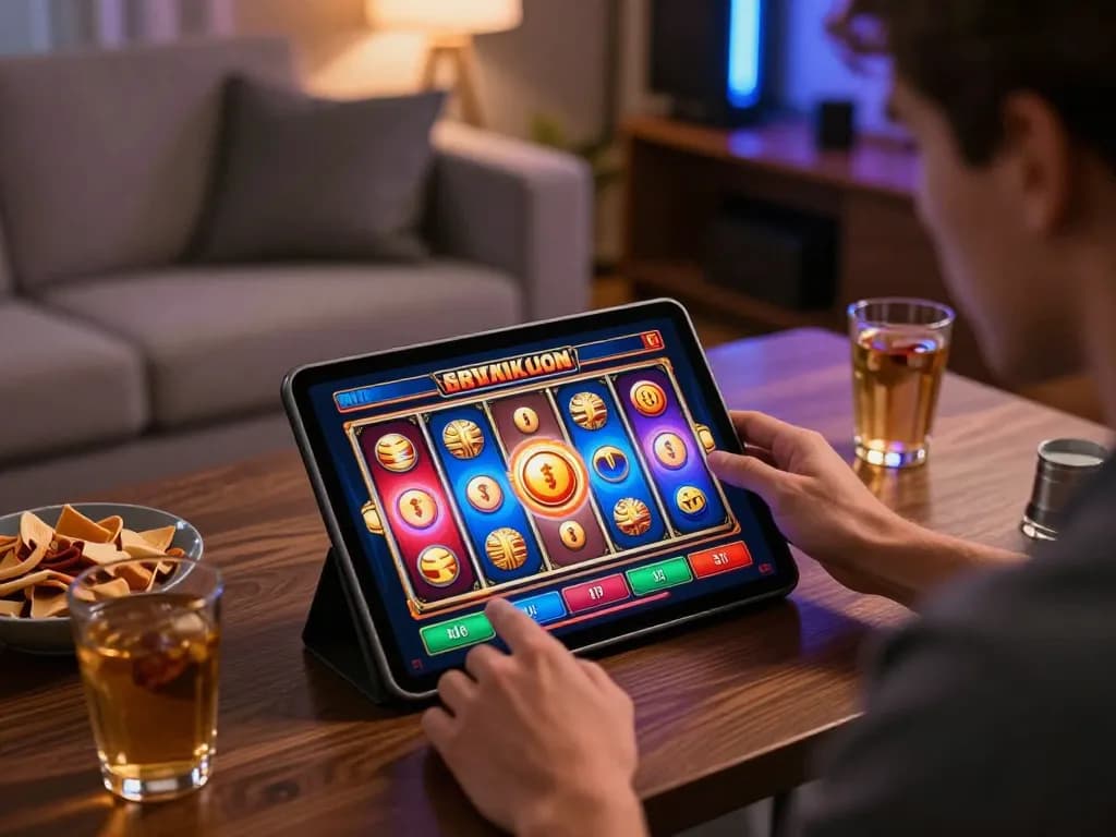 Experience sun win excitement with a player enjoying online slots on tablet in a cozy home