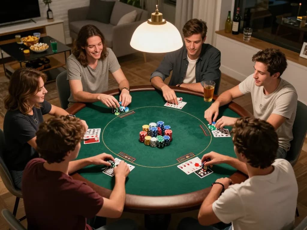 Playing poker at home with friends, featuring nhà cái sc88 strategies in action during a lively game night.