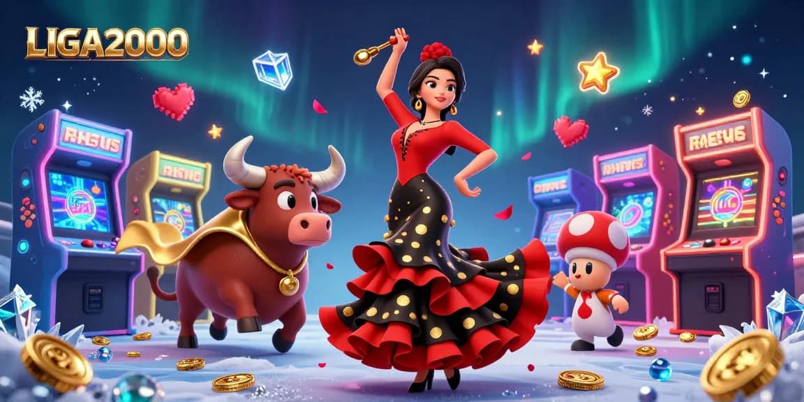 Suasana perjudian dinamis LIGA2000 dengan penari flamenco dan banteng di antara mesin arcade