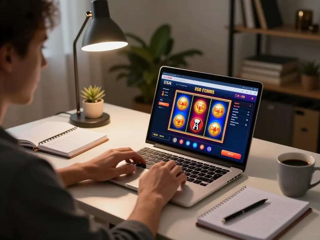 Engaging in online USA casinos with an animated slot game on a laptop, reflecting strategic gameplay.