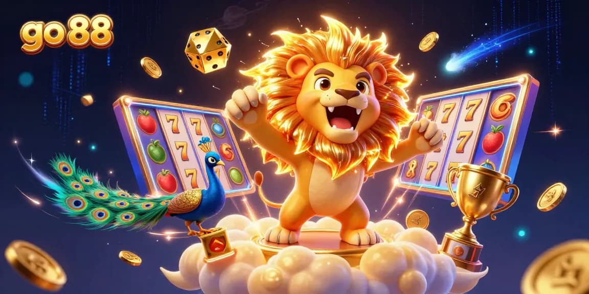 Spin the reels of go 88 with the roaring lion and dazzling golden dice, capturing the excitement of slots.