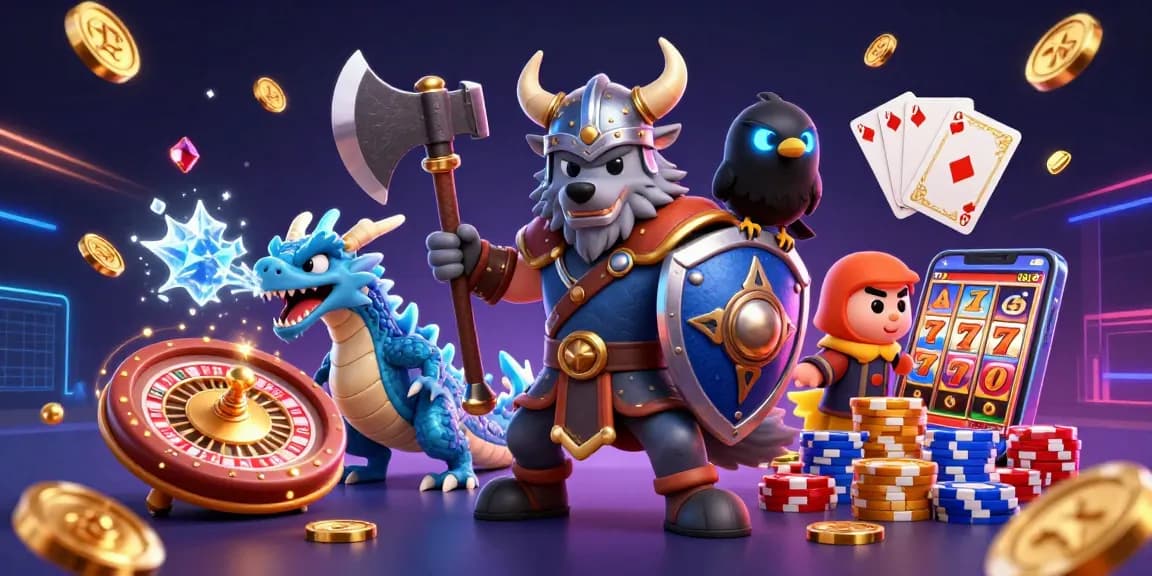 Menangkan game penghasil uang dengan Viking dan naga dalam ilustrasi kasino 3D yang menarik.