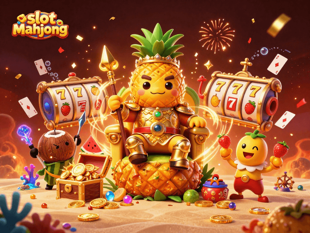 Experience slot mahjong excitement with a vibrant beach casino featuring a golden pineapple king and fruity elements.