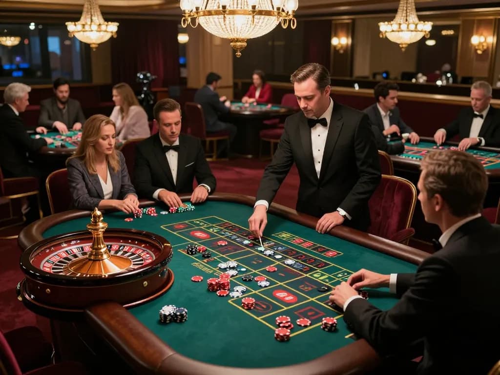 Sunwin's roulette game in a luxurious casino setting, vibrant chips and focused players depicting a dynamic gambling atmosphere.