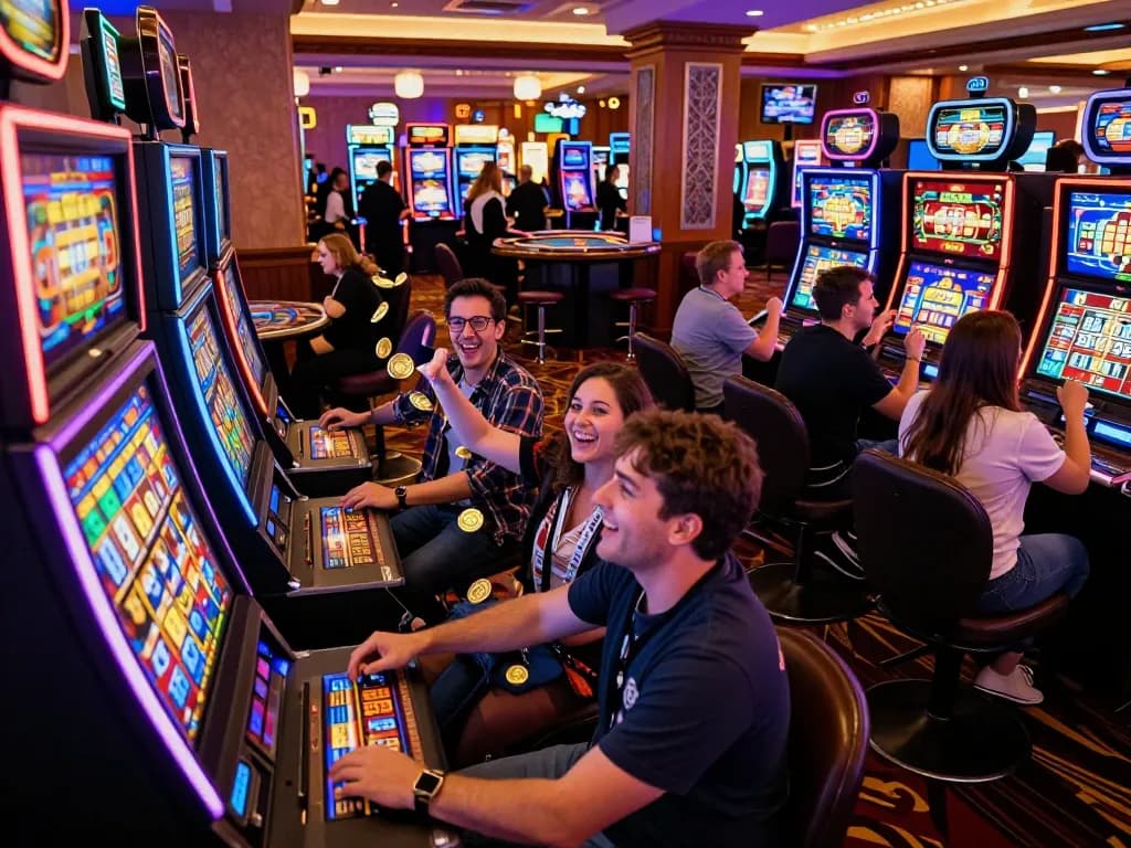 Players enjoying the thrill of slot machines at https://www.bdtk66.one/, celebrating wins in a vibrant casino atmosphere.