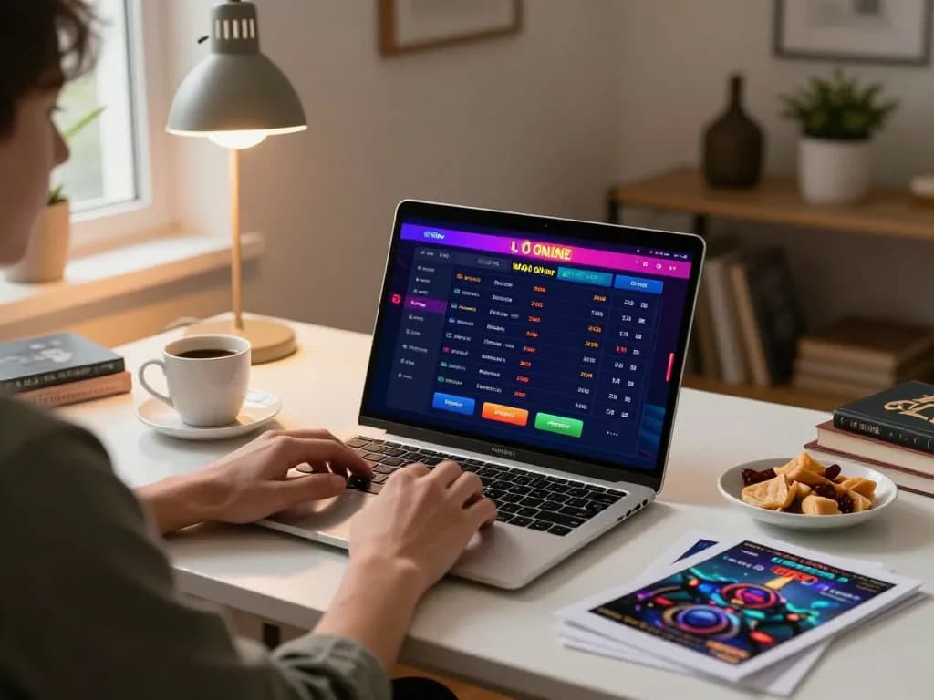 Engaging in Lô đề online gambling at home, using a laptop in a cozy environment with snacks and strategy notes.