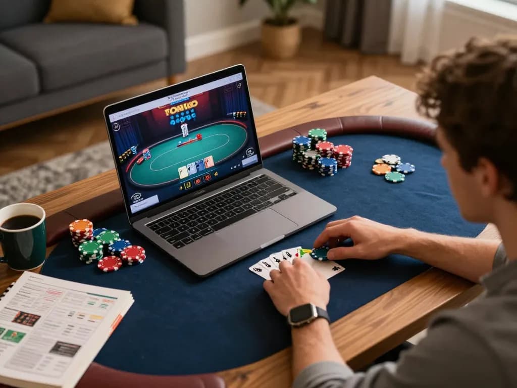 Engaging bk8 online poker game session at home with vibrant chips and live dealer.