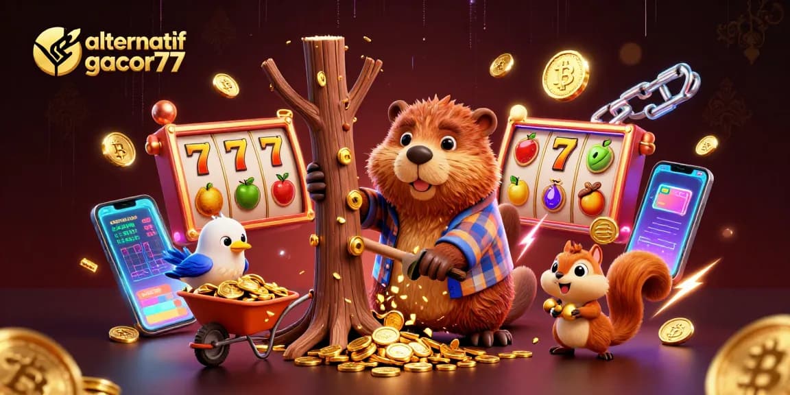 Menangkan permainan dengan link alternatif gacor77, simbol slot dan koin emas dalam ilustrasi 3D menarik.
