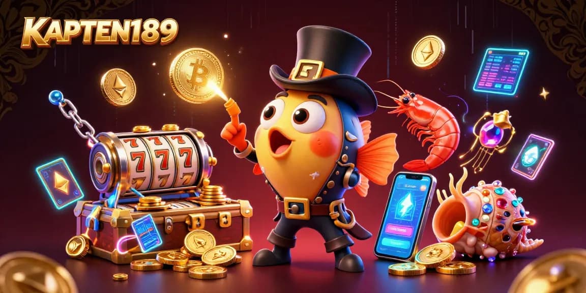 KAPTEN189 menampilkan ilustrasi acara slot online dengan karakter ikan pemancing dan simbol keberuntungan yang penuh warna.