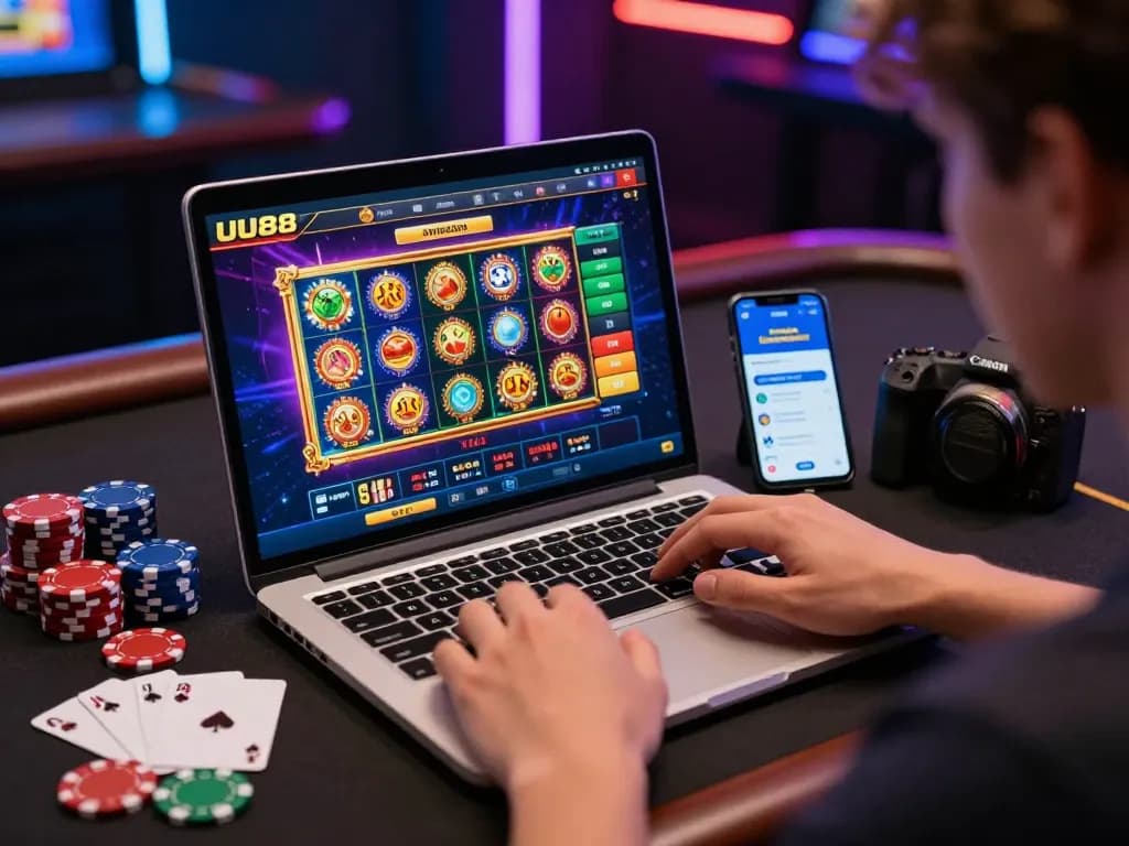 Engaging scene of a user on the UU88 online gambling platform with vibrant game graphics.