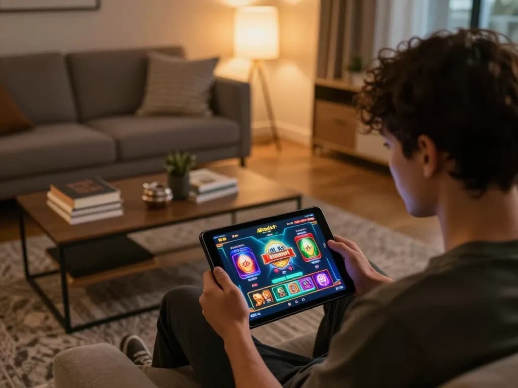 Player enjoying kdslot games on tablet in cozy home setup during online gaming