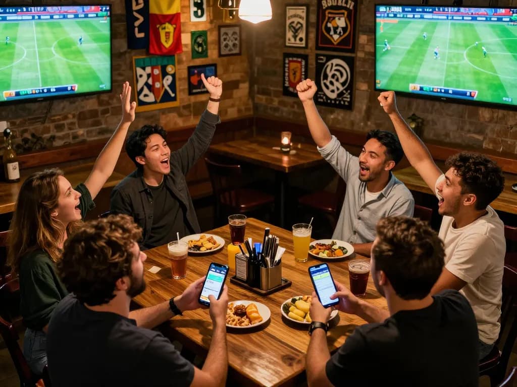Socolive sports betting scene with friends enjoying the live match and placing bets