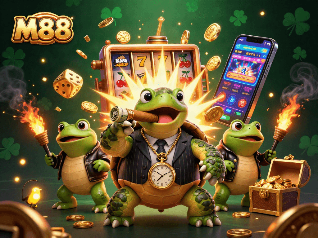 M88 brings the casino to life with a vibrant scene of a mobster turtle and enforcers overflowing with game elements.