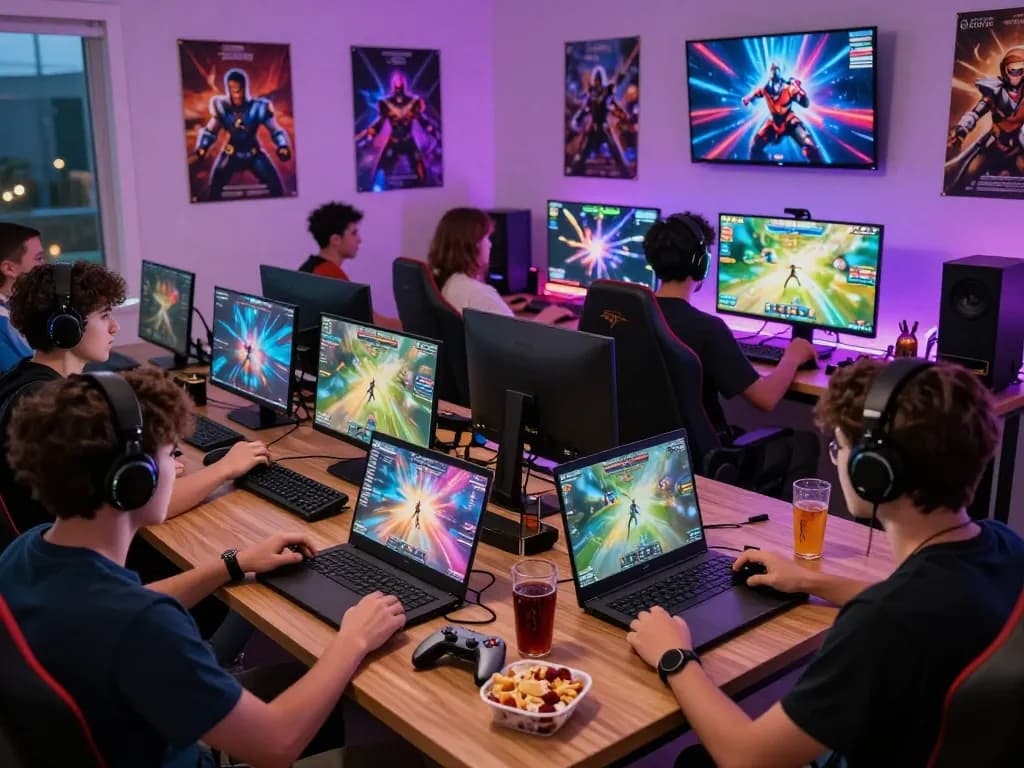 Players enjoying a thrilling multiplayer gaming experience on tot88 in a vibrant room with LED lights and snacks.