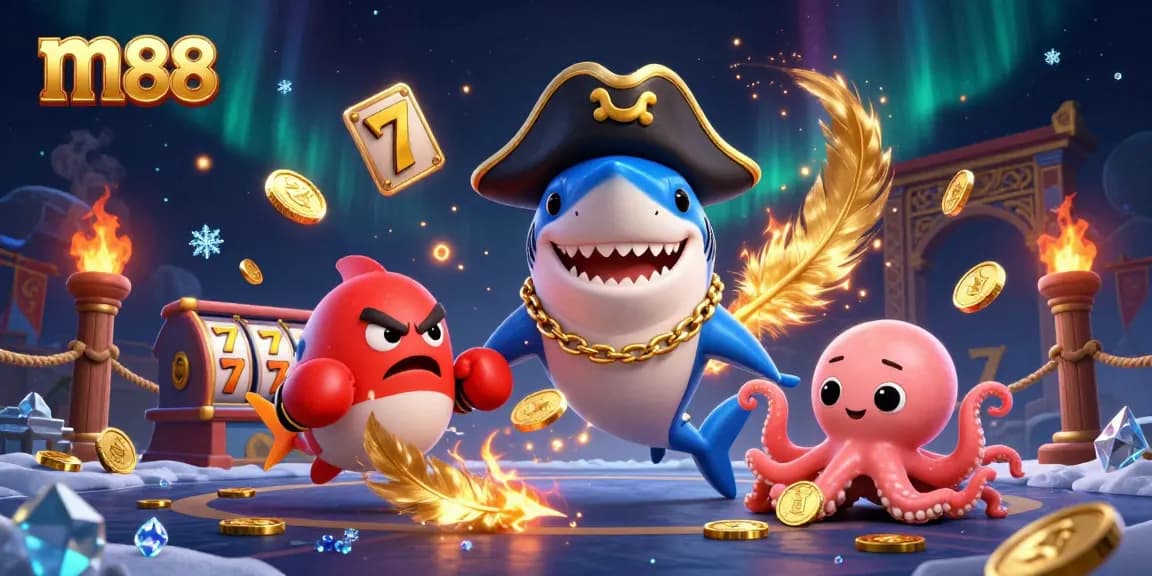 Terlibat dengan suasana kasino m88 yang berwarna-warni menampilkan hiu, ikan buntal, dan gurita di antara gulungan slot dan koin emas.