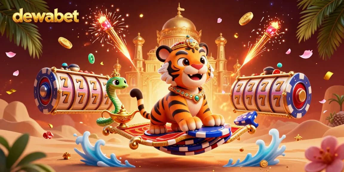Dewabet menghadirkan mesin slot berkilau dengan logo dalam ilustrasi kasino 3D yang meriah.