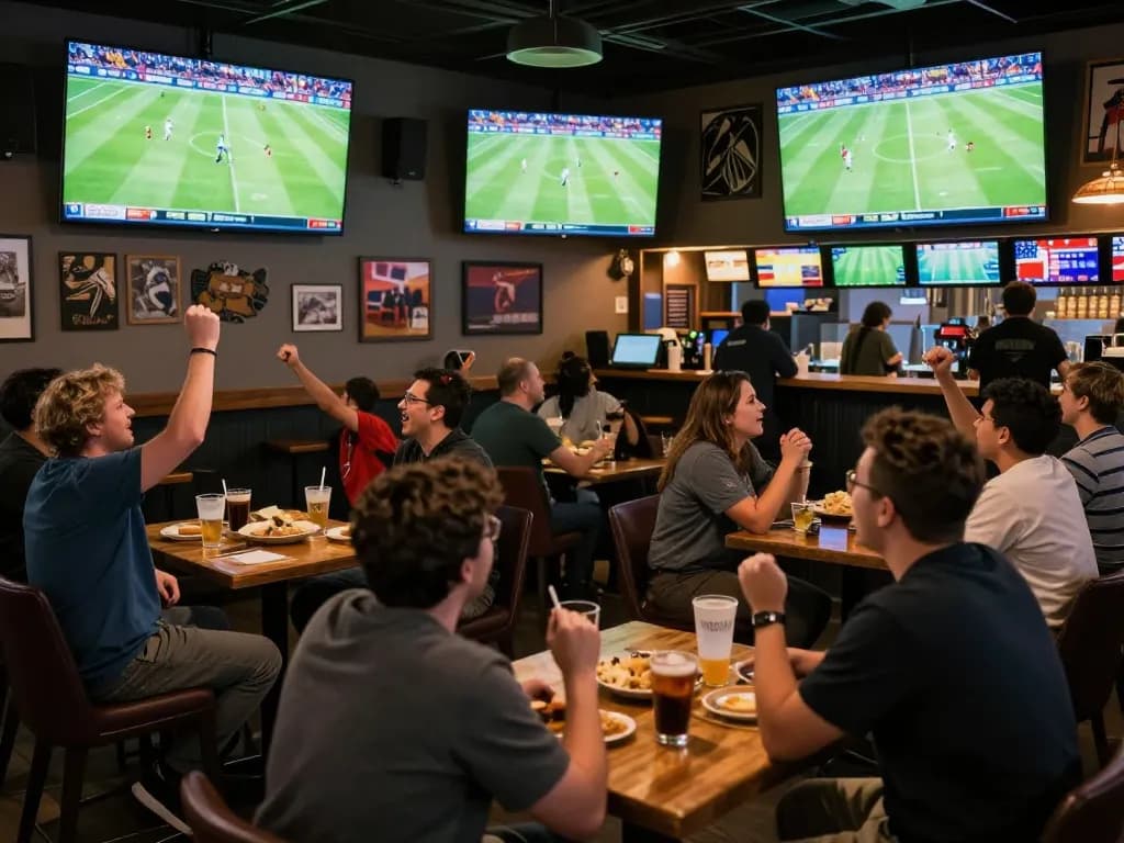 Experience Trực tiếp bóng đá CakhiaTV with friends in a lively sports bar setting