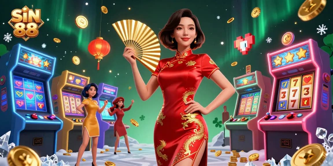Feel the thrill of SIN 88 with striking visuals of a bustling casino scene packed with golden coins and arcade elements.