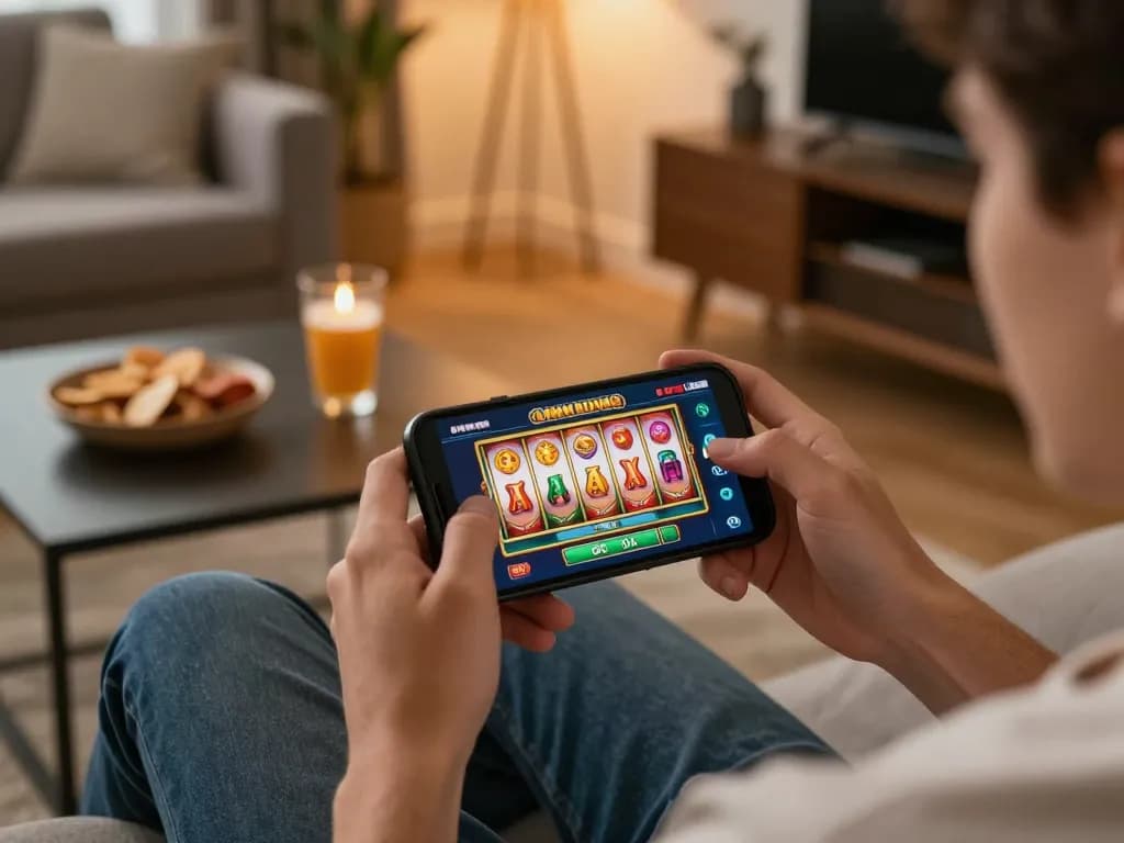 Engaged player enjoying an online casino game on a smartphone in a cozy home setting.