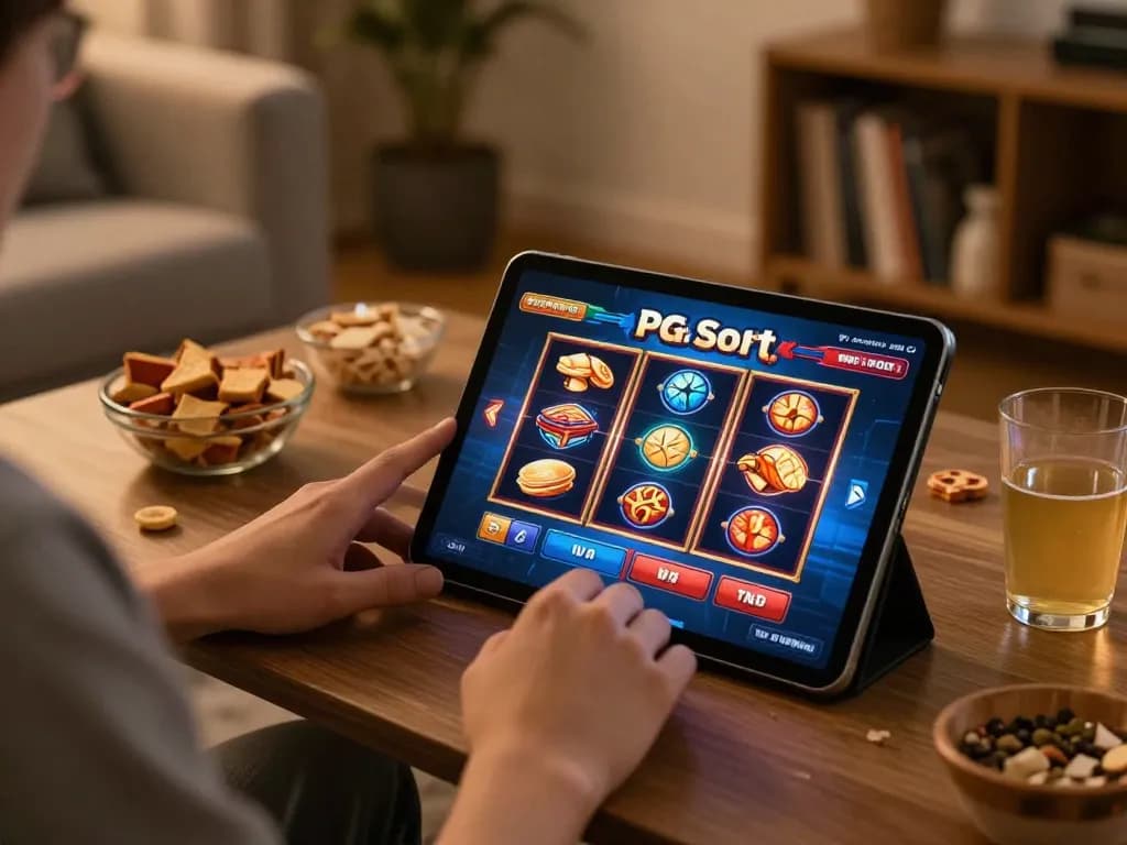 Berpartisipasi dalam slot PG Soft Demo di tablet dalam suasana rumah yang nyaman dengan camilan.