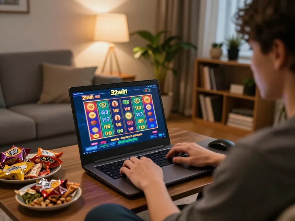 Engaging gameplay at 32win online casino reveals vibrant slot action in cozy home setting.