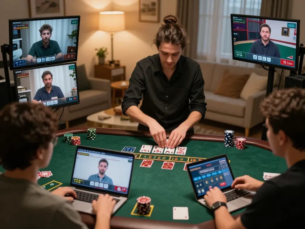 Players enjoying MM88 online blackjack with a live dealer in a cozy home setup.