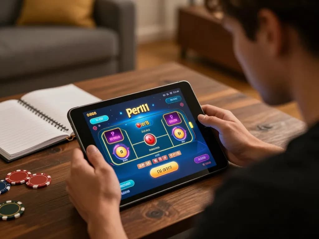 Engaging in casino games on the peri11 platform with a tablet in a cozy setup