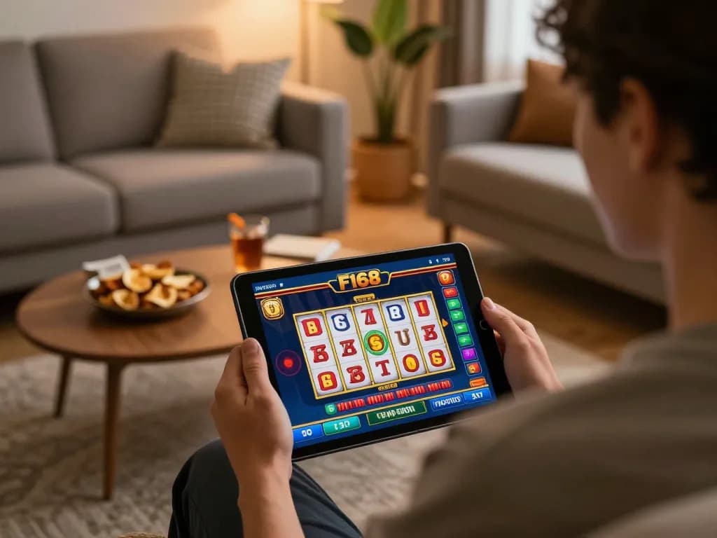 Experience seamless gaming with F168 on an engaging tablet interface in a cozy home.