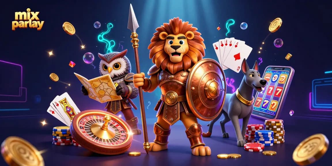 Engage in mix parlay betting with a dynamic illustration of a Spartan lion, owl strategist, and greyhound amidst casino elements.