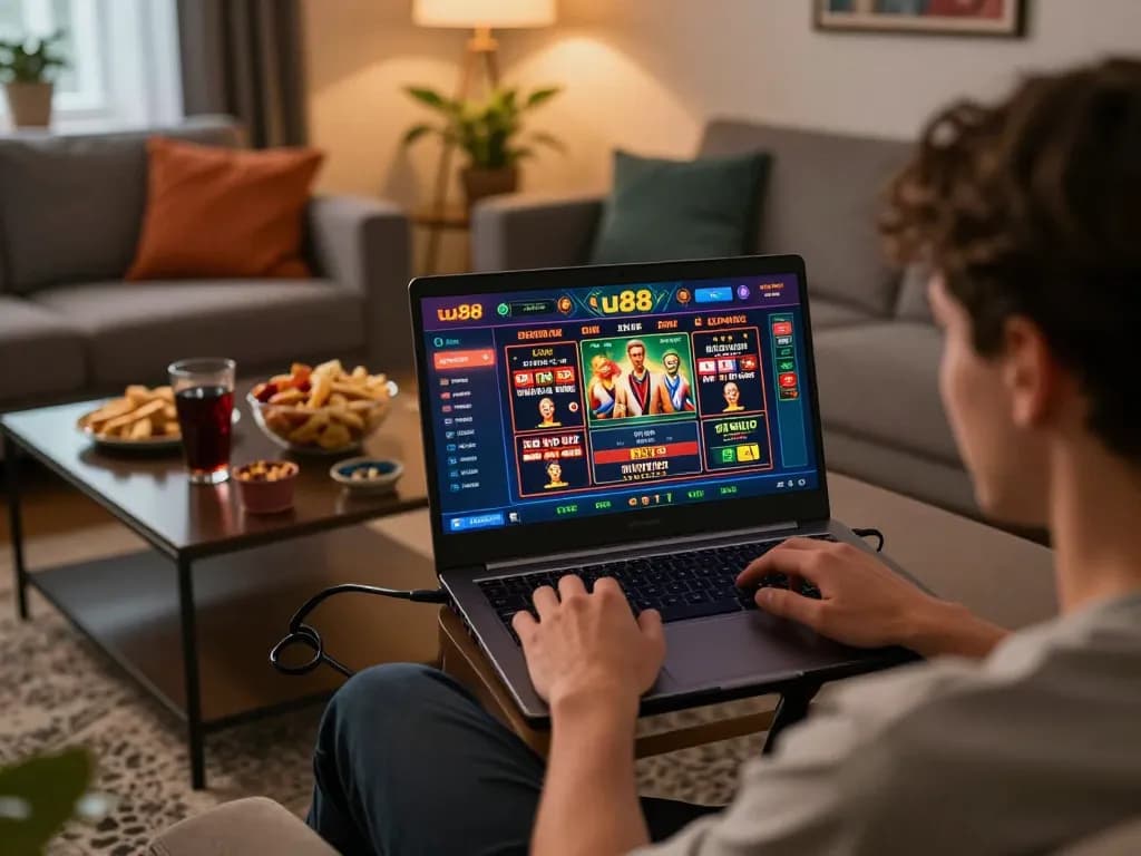 Engaged player exploring uu88 online gaming interface at home with snacks and drinks.