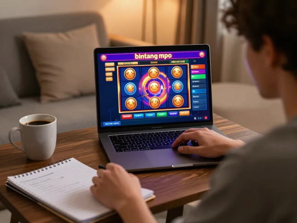 Berkelut dengan permainan online bintangmpo di laptop dalam pengaturan rumah yang nyaman, menampilkan keterlibatan strategi dan kegembiraan.