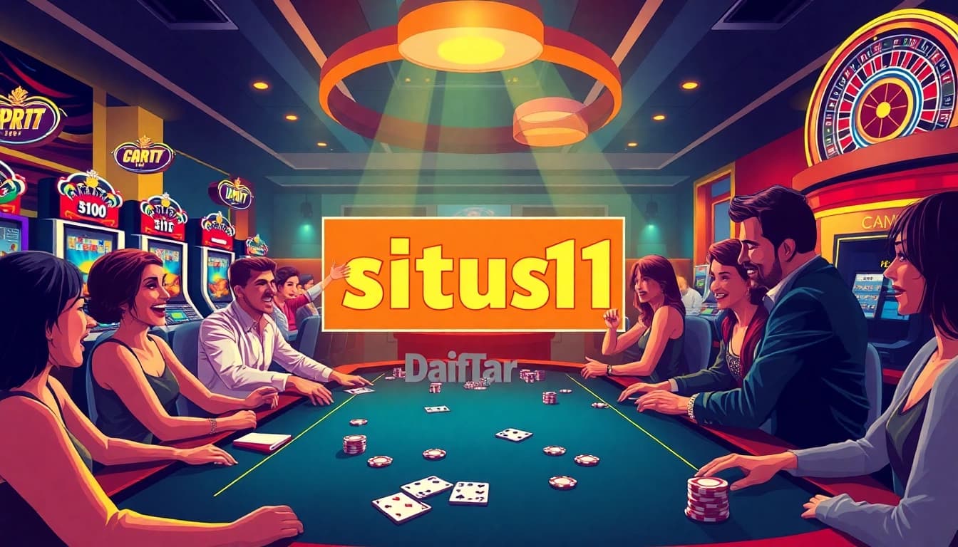 Situs11 daftar showcasing a lively casino scene with players enjoying slot machines and poker tables, capturing excitement.