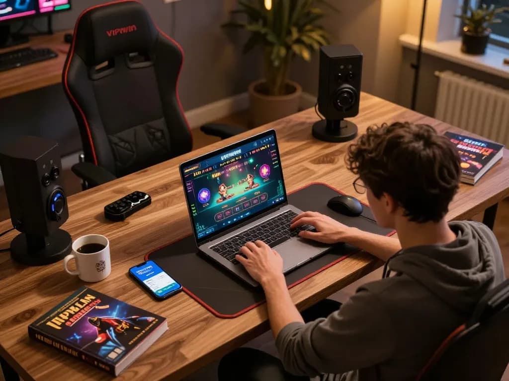 Engaging in online casino gaming on VIPWIN with a cozy home setup and strategic materials.