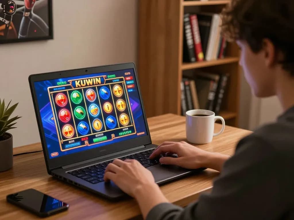 Engaged gamer enjoying KUWIN online casino with vibrant slot game on laptop.