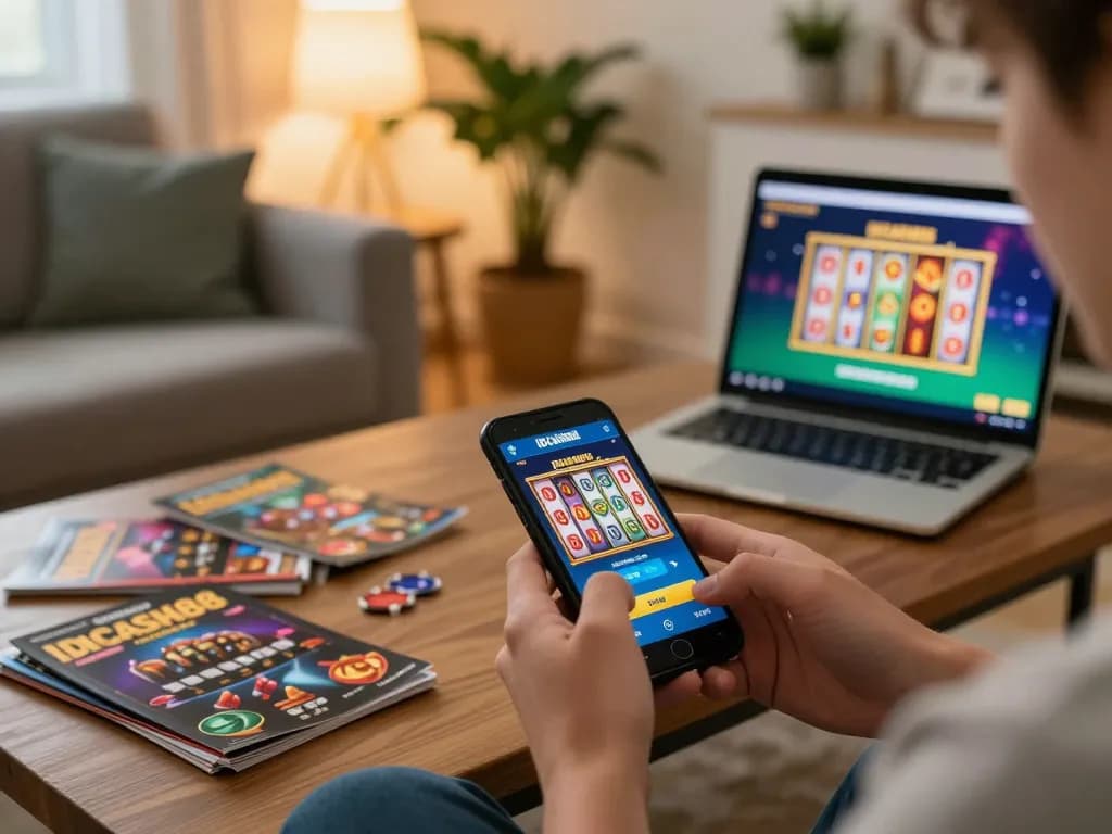 Experience exciting online gaming with IDCASH88 on smartphone in a cozy setting.