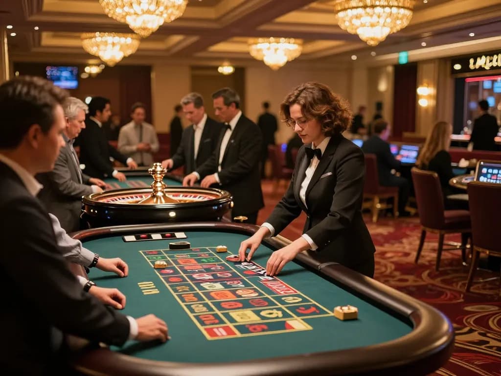 Players enjoying a thrilling roulette game at f8beta2 casino, with croupier spinning the wheel in an upscale atmosphere.