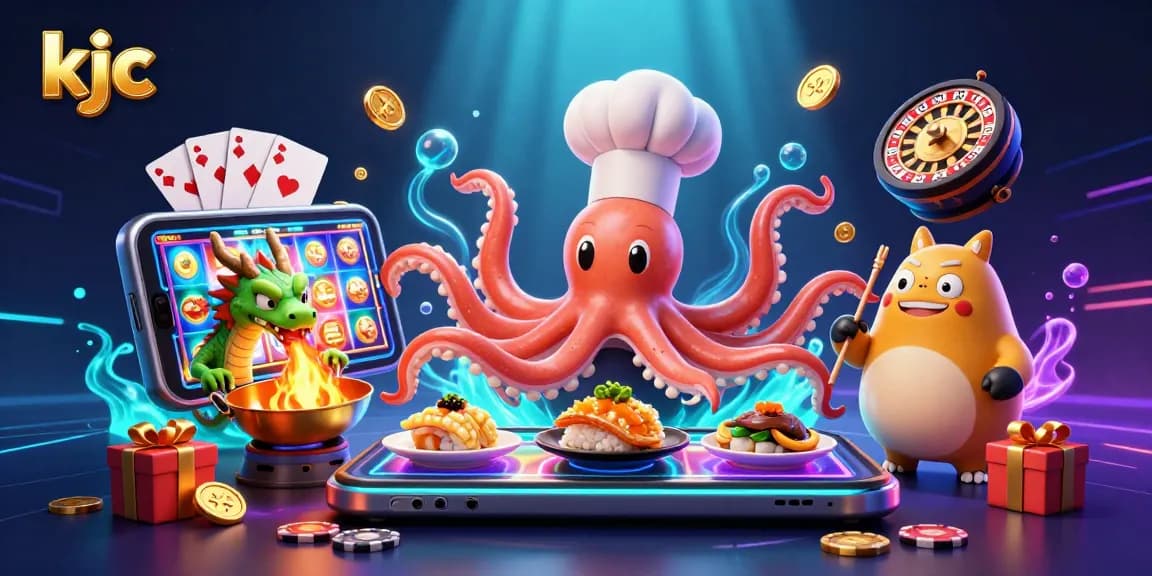 Experience vibrant winning strategies at KJC's immersive gaming world with a chef octopus and dragon.